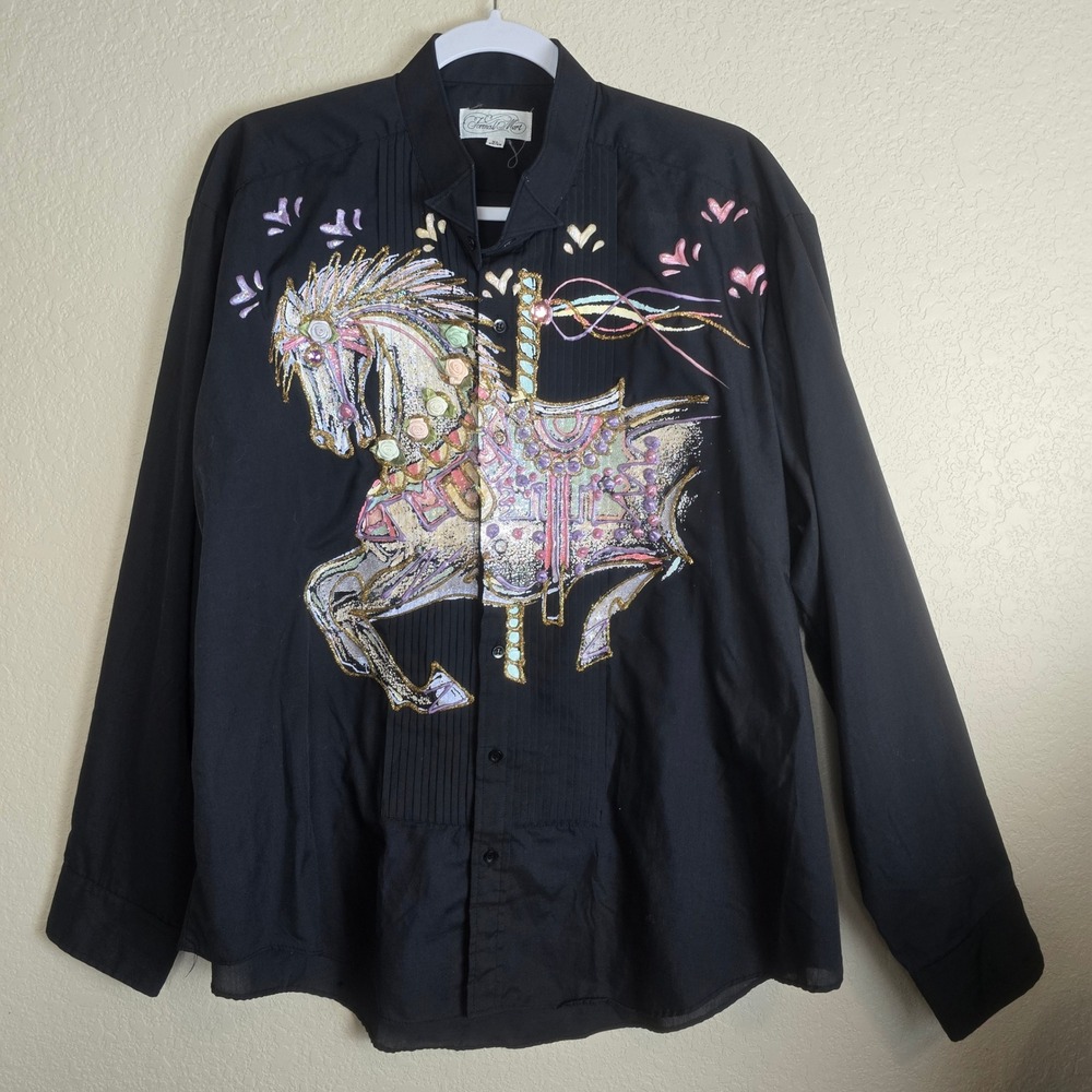 Vintage Puff Paint Carousel Horse Black 80s Novelty Tuxedo Shirt XL Wearable Art